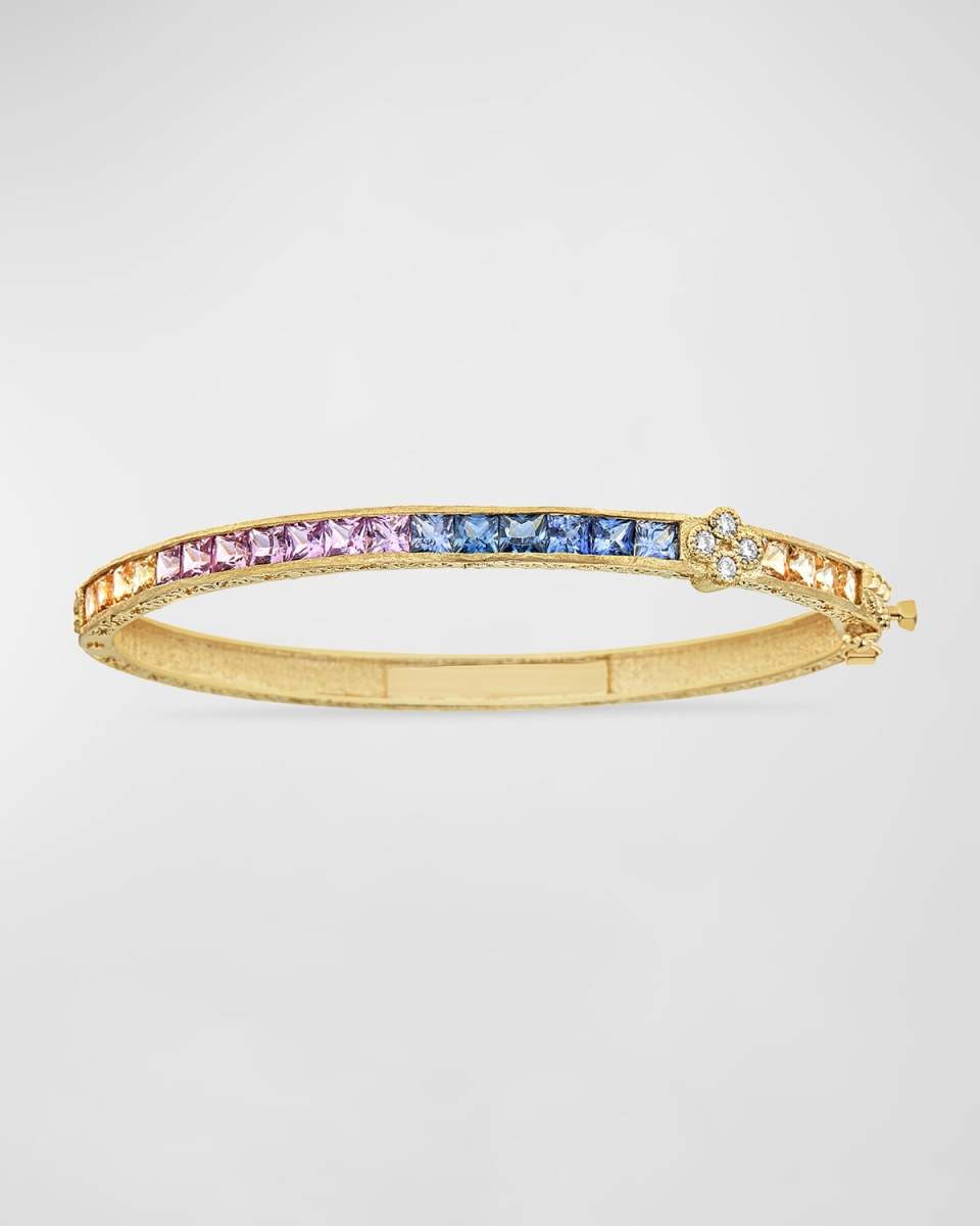 18K Yellow Gold Bangle Bracelet with Diamonds and Ombre Sapphires
